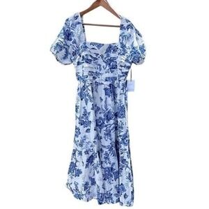 Japna Blue & White‎ Floral Cottagecore Print Square Neck Puff Sleeve Dress Sz L